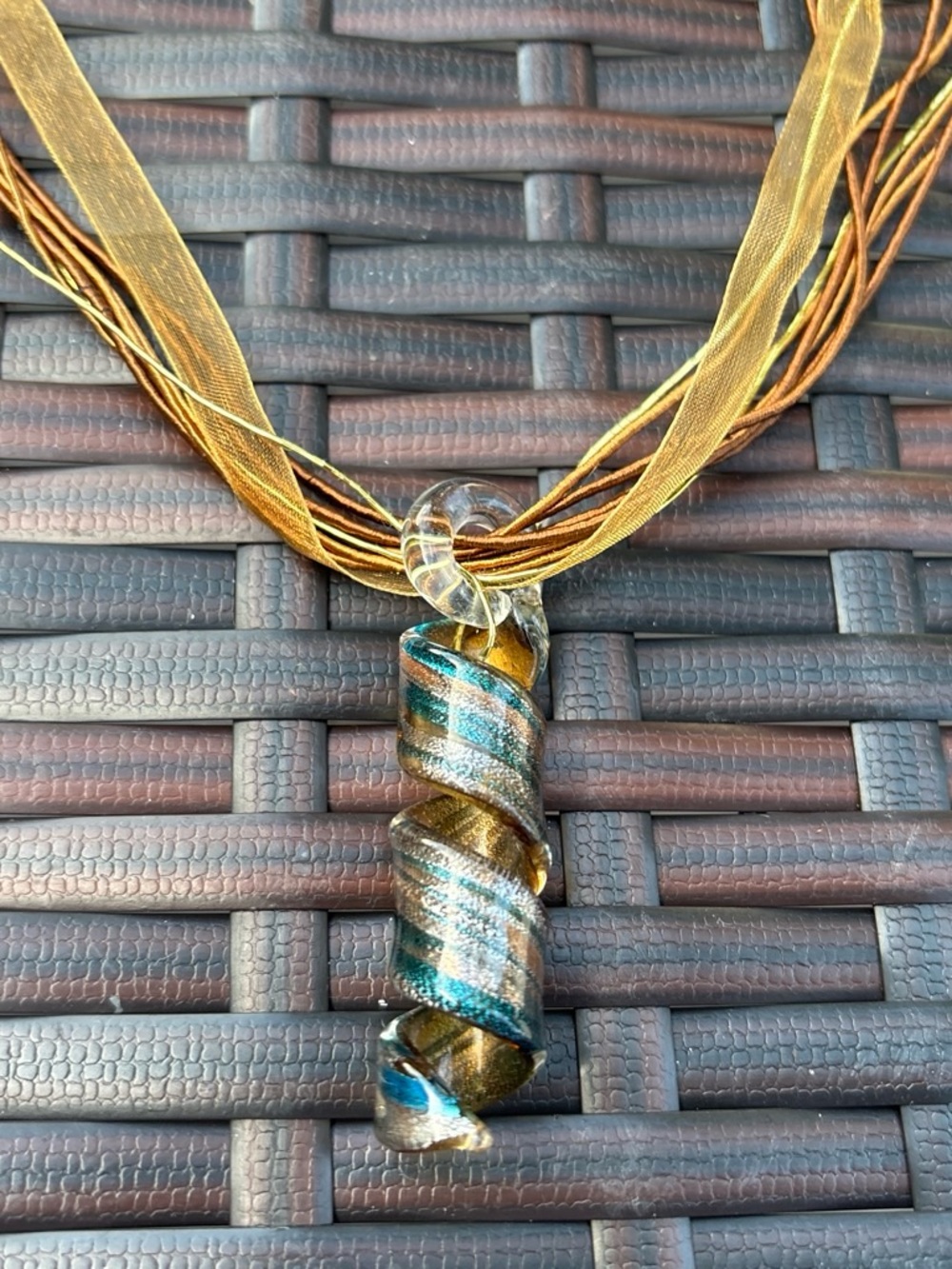Source Unknown Teal and Gold Spiral Glass Pendant Necklace